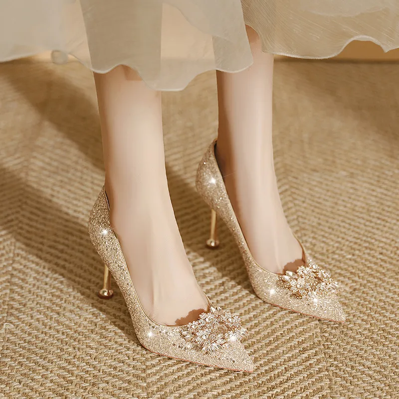 Lan Miao Slim Heel High Heels Women's Gold-4