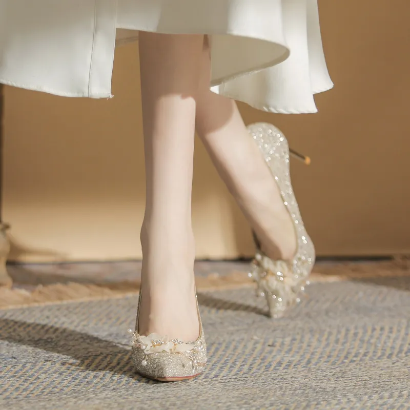 Lan Miao Slim Heel High Heels Women's Champagne-1