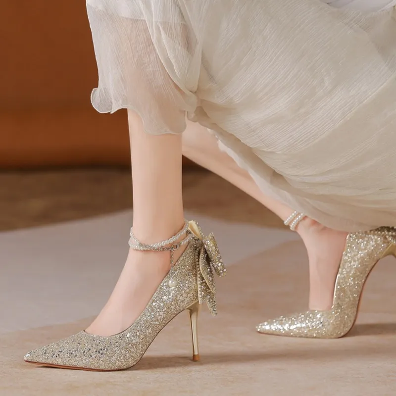 Lan Miao Slim Heel High Heels 6.5CM Women's Champagne-2