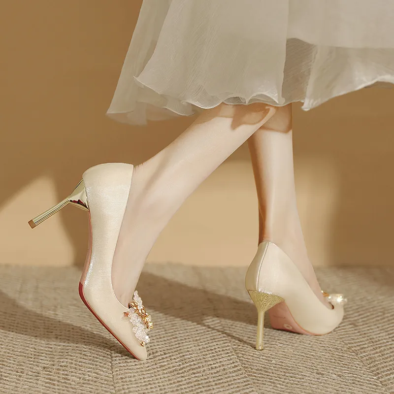 Lan Miao Slim Heel High Heels Women's Champagne-3