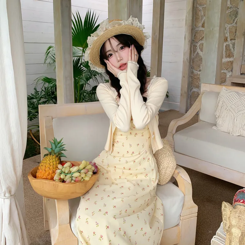 EFCR Two Piece Skirt Sets Women's Custard Cardigan+Camisole Dress Set-2