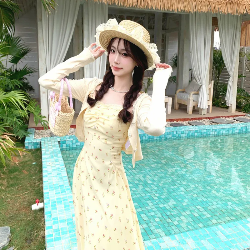 EFCR Two Piece Skirt Sets Women's Custard Cardigan+Camisole Dress Set-3
