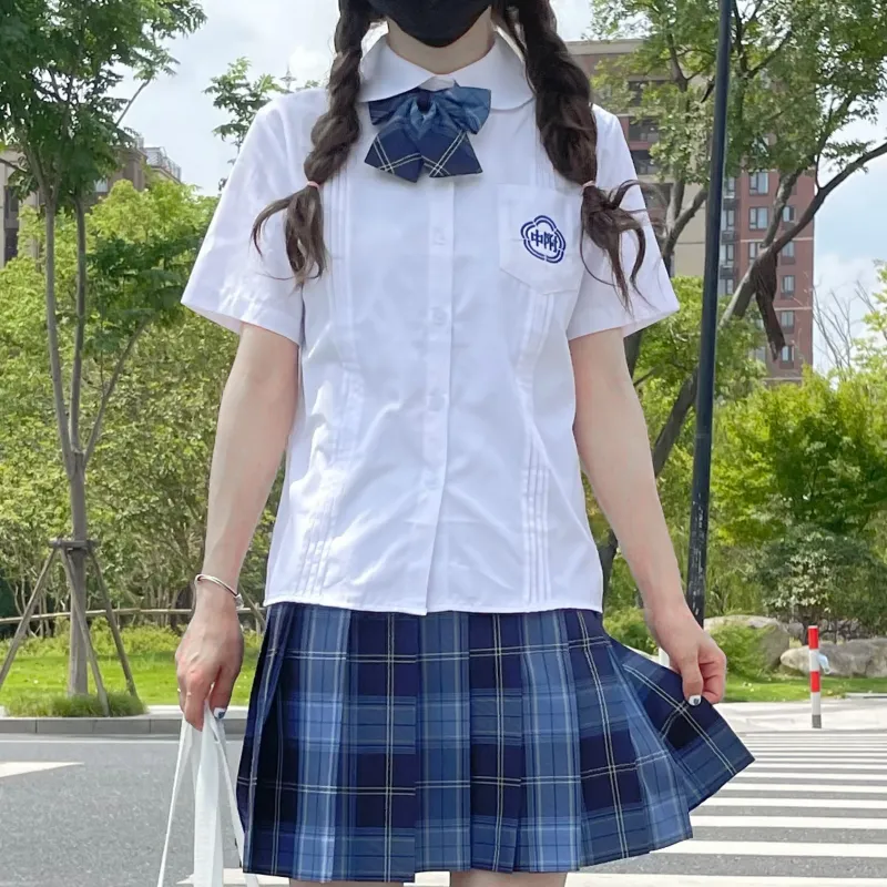 EFCR Uniforms Women's White Top+Blue Plaid Skirt-3