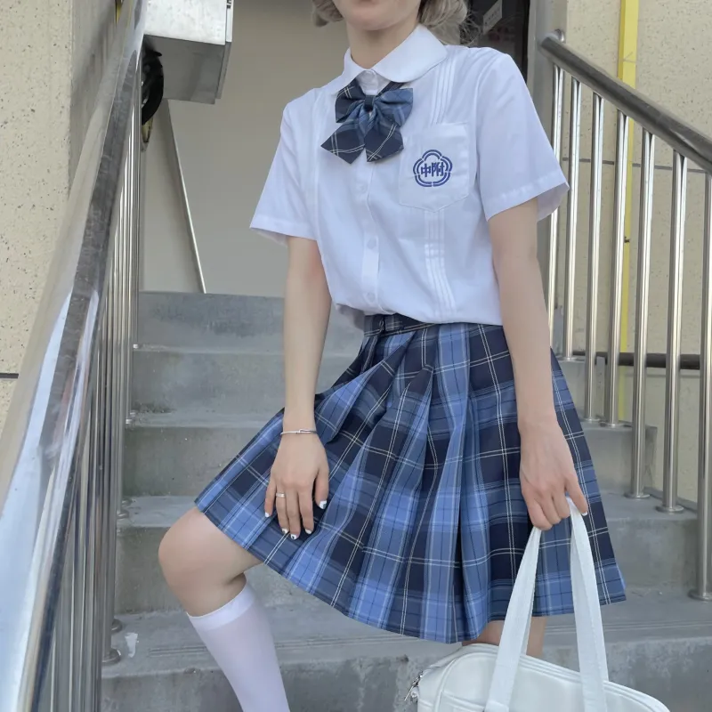 EFCR Uniforms Women's White Top+Blue Plaid Skirt-2