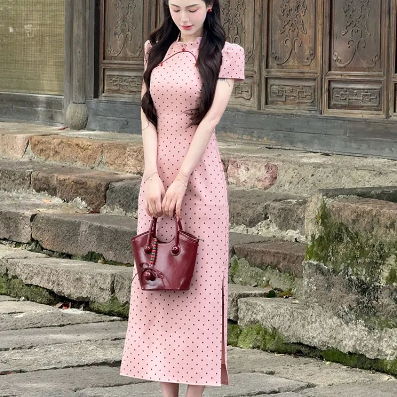 EFCR Cheongsams Women's Pink Polka Dot-2