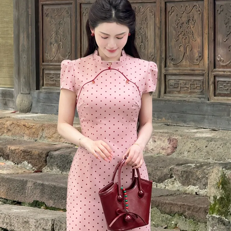 EFCR Cheongsams Women's Pink Polka Dot-1