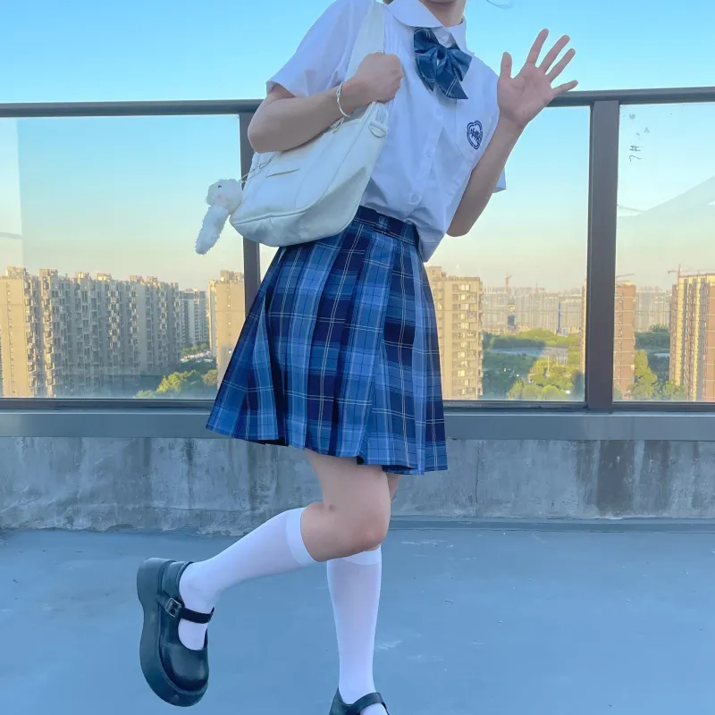 EFCR Uniforms Women's White Top+Blue Plaid Skirt-4