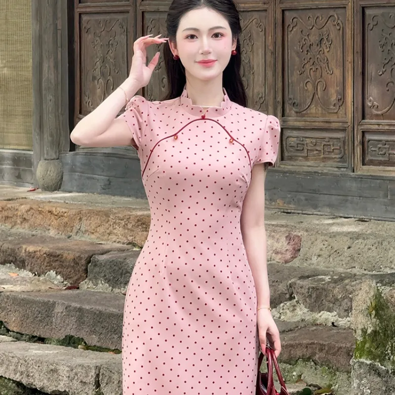 EFCR Cheongsams Women's Pink Polka Dot-3