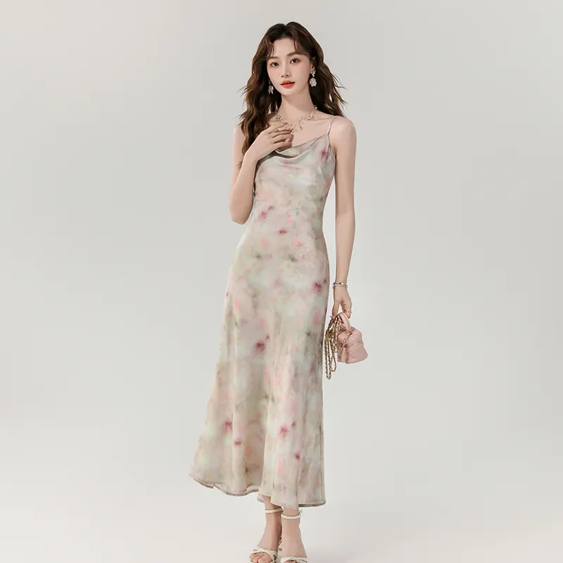 Mu Xiao Xin Slip Dresses Women's Pink Floral Camisole Dress-3
