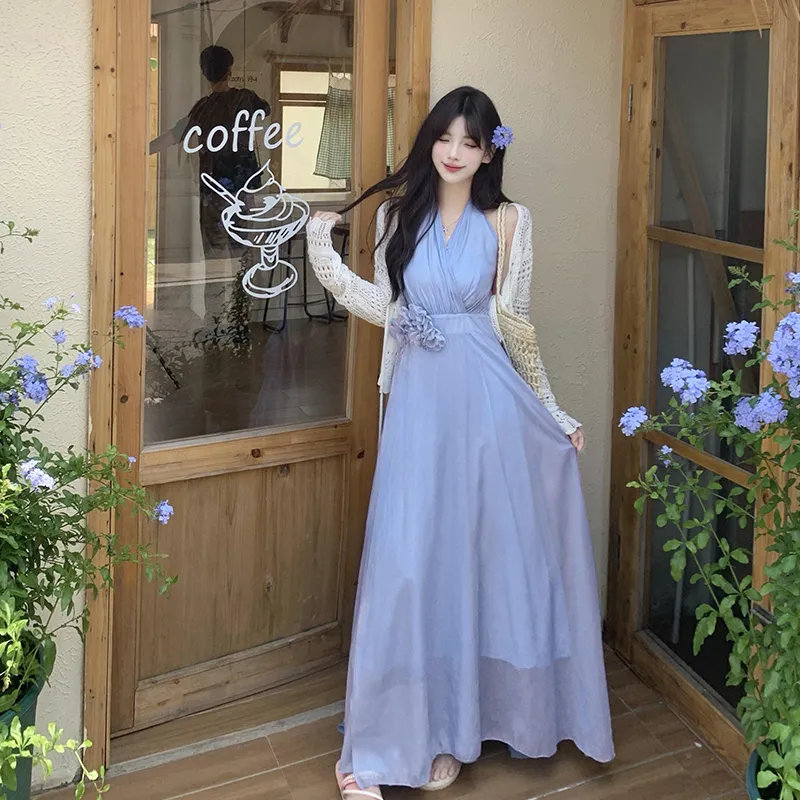 Mu Xiao Xin Sleeveless Dress Women's Snow Crystal Blue-4