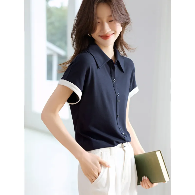 Mu Xiao Xin Regular T Shirt Women's Navy Blue-3