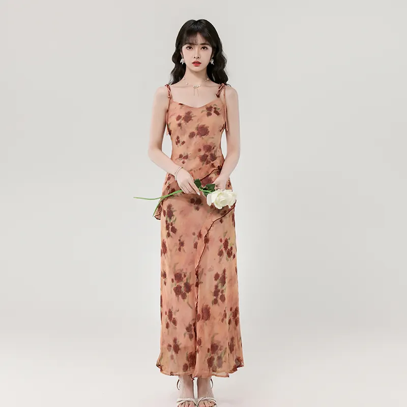 Mu Xiao Xin Slip Dresses Women's Vintage Orange Pink-5