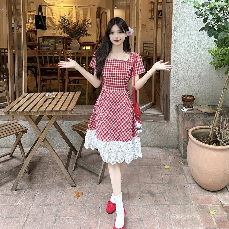 Mu Xiao Xin Short Sleeved Dress Women's Red Plaid-1
