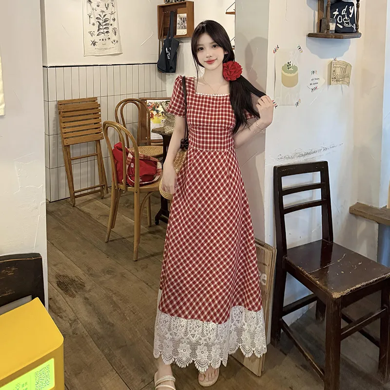 Mu Xiao Xin Short Sleeved Dress Women's Red Plaid-3