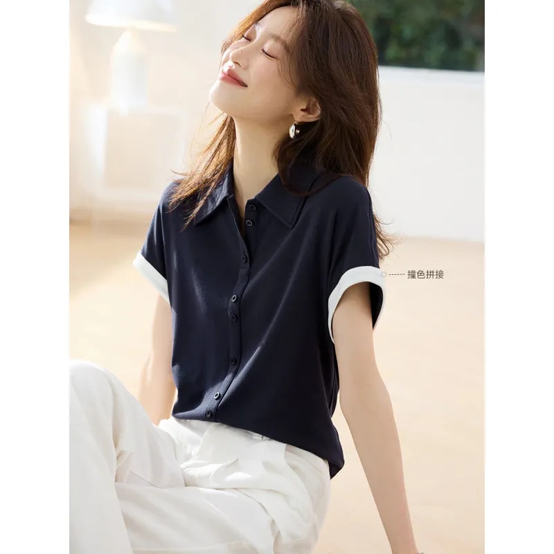 Mu Xiao Xin Regular T Shirt Women's Navy Blue-1