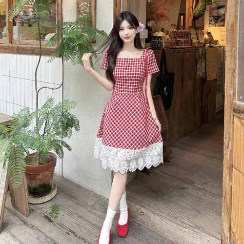 Mu Xiao Xin Short Sleeved Dress Women's Red Plaid