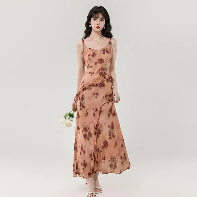 Mu Xiao Xin Slip Dresses Women's Vintage Orange Pink-4