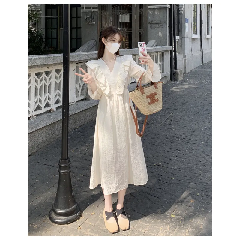 Mu Xiao Xin Long Sleeved Dress Women's Beige-2