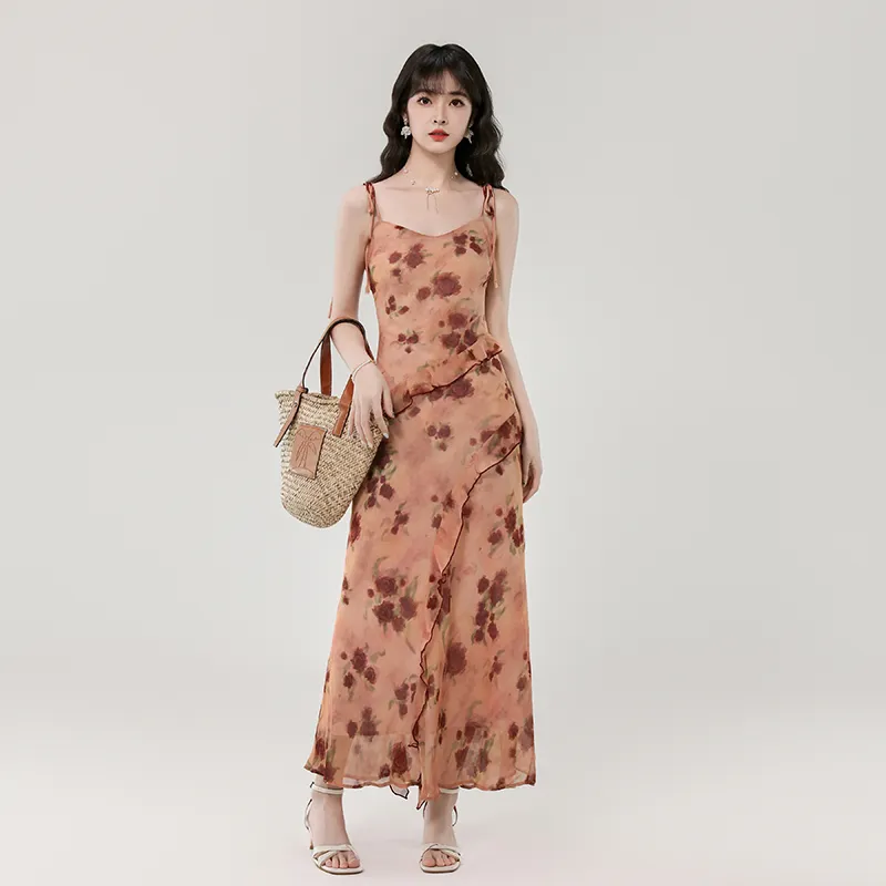 Mu Xiao Xin Slip Dresses Women's Vintage Orange Pink-2