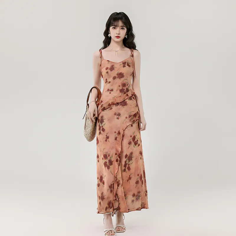 Mu Xiao Xin Slip Dresses Women's Vintage Orange Pink-3