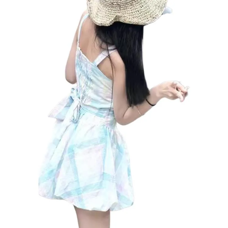 Mu Xiao Xin Slip Dress Women's Plaid Camisole Dress, Back Cinched Waist Strap-5