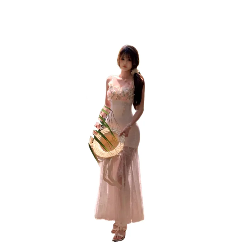 GUAILILUOLI Slip Dresses Women's Floral Mist Apricot White-3