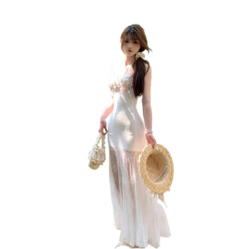 GUAILILUOLI Slip Dresses Women's Floral Mist Apricot White-2