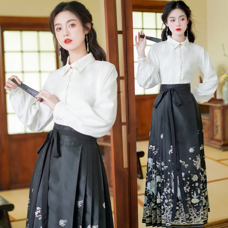 MDEHT Hanfu Women's White Shirt+Black Mamianqun Skirt Set-2
