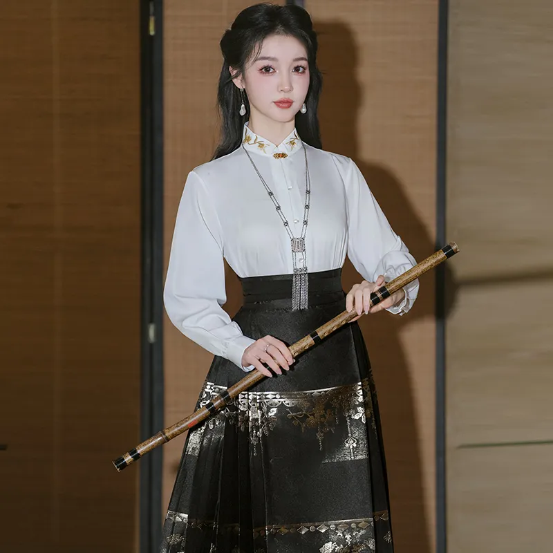 MDEHT Hanfu Women's White Top + Black Horse Face Skirt-1