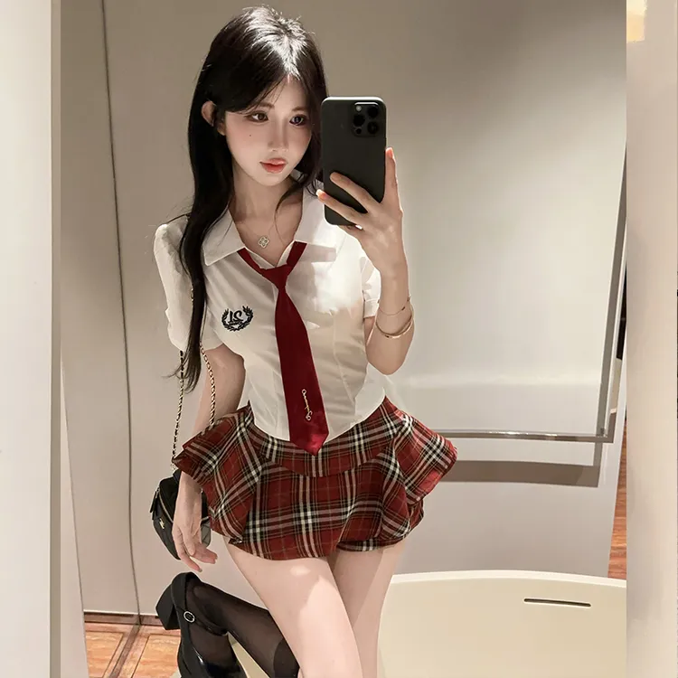 MDEHT Uniforms Women's Shirt Tie+Plaid Dress Clothing Sets-4