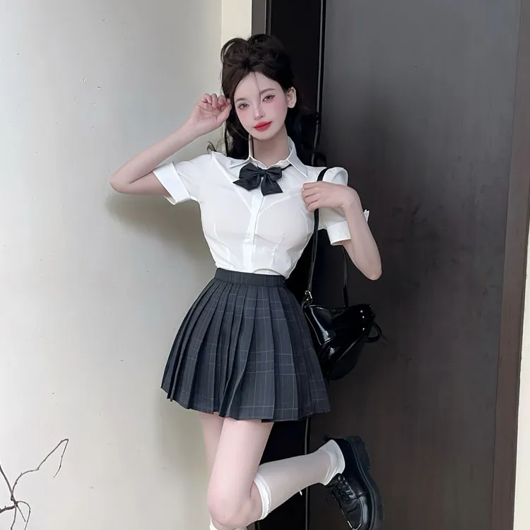 MDEHT Uniforms Women's Shirt Bow Tie+Plaid Dress Matching Set-1