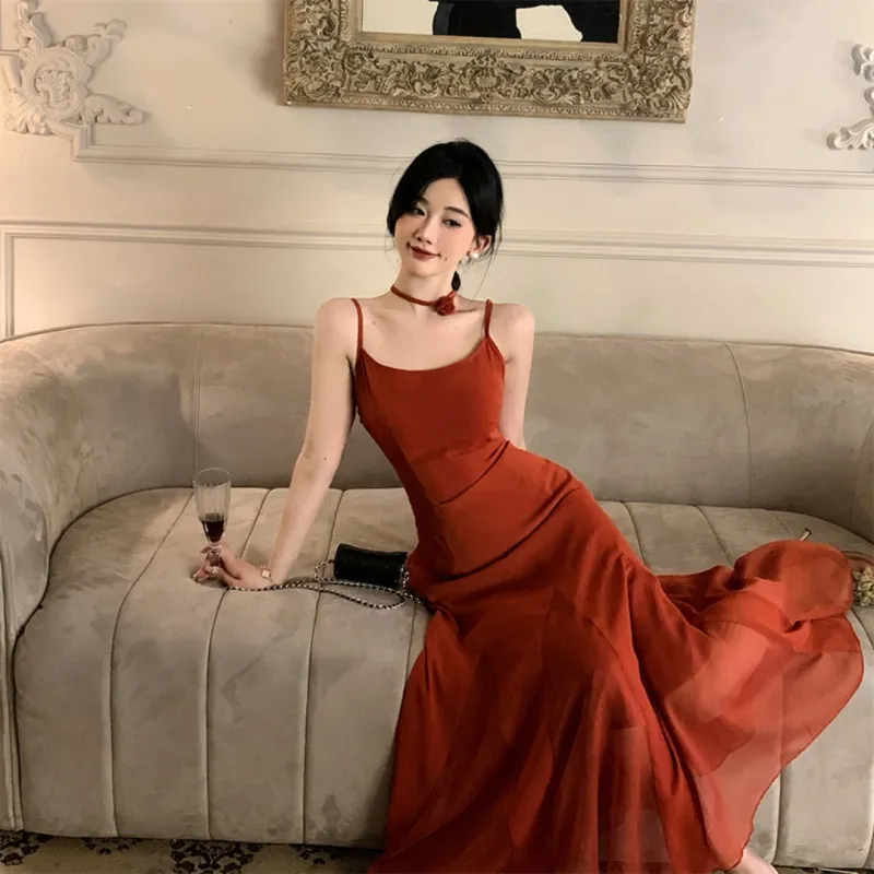 MDEHT Slip Dresses Women's Vintage Orange Red-4