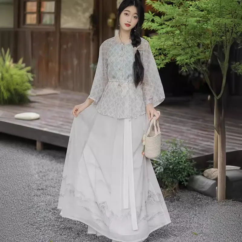 MDEHT Hanfu Women's Round Neck Top+Camisole+Pleated Skirt-4