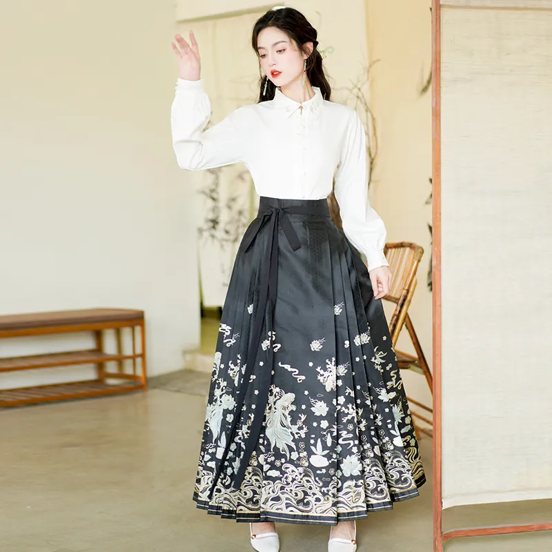 MDEHT Hanfu Women's White Shirt+Black Mamianqun Skirt Set-3