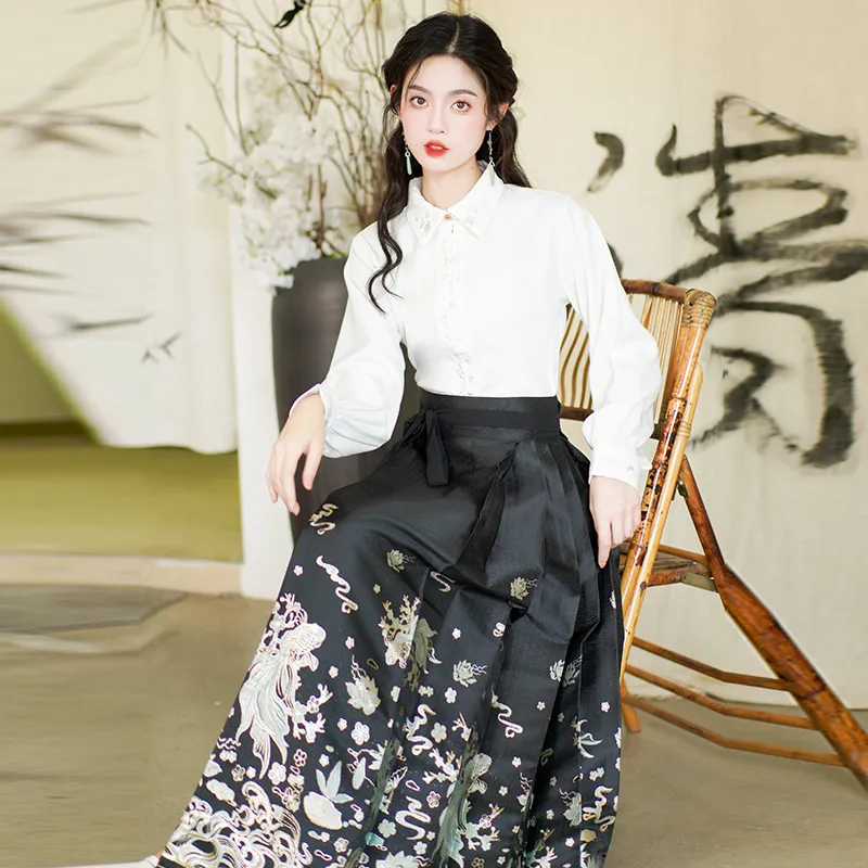 MDEHT Hanfu Women's White Shirt+Black Mamianqun Skirt Set-1
