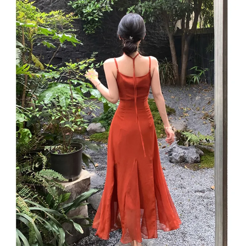 MDEHT Slip Dresses Women's Vintage Orange Red-5