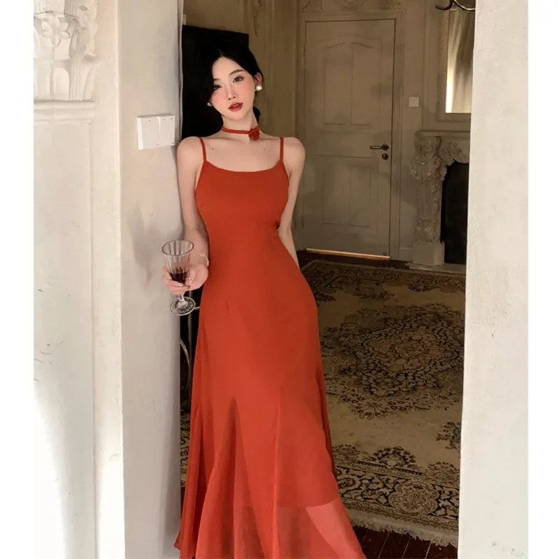 MDEHT Slip Dresses Women's Vintage Orange Red-6