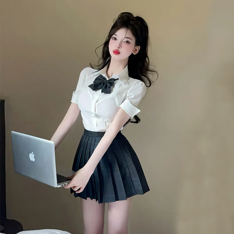MDEHT Uniforms Women's Shirt Bow Tie+Plaid Dress Matching Set-0