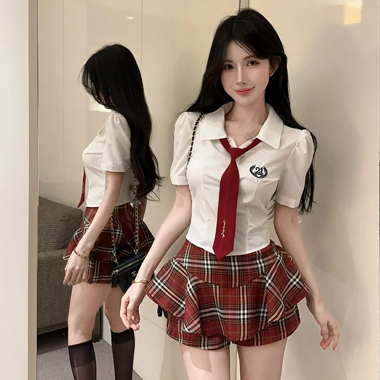 MDEHT Uniforms Women's Shirt Tie+Plaid Dress Clothing Sets-1