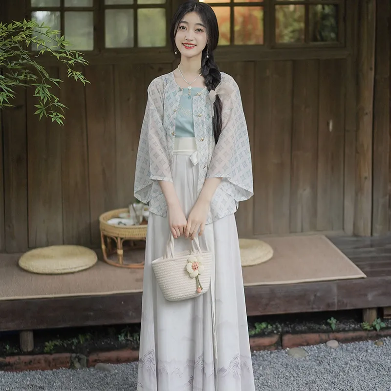 MDEHT Hanfu Women's Round Neck Top+Camisole+Pleated Skirt-1