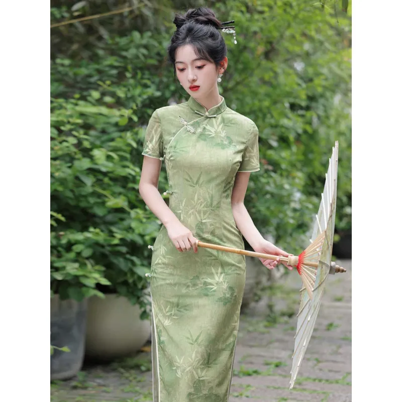 MDEHT Cheongsams Women's Green Bamboo-3