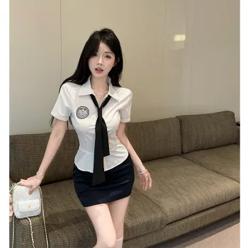 MDEHT Uniforms Women's Shirt Tie+Navy Blue Dress Clothing Sets