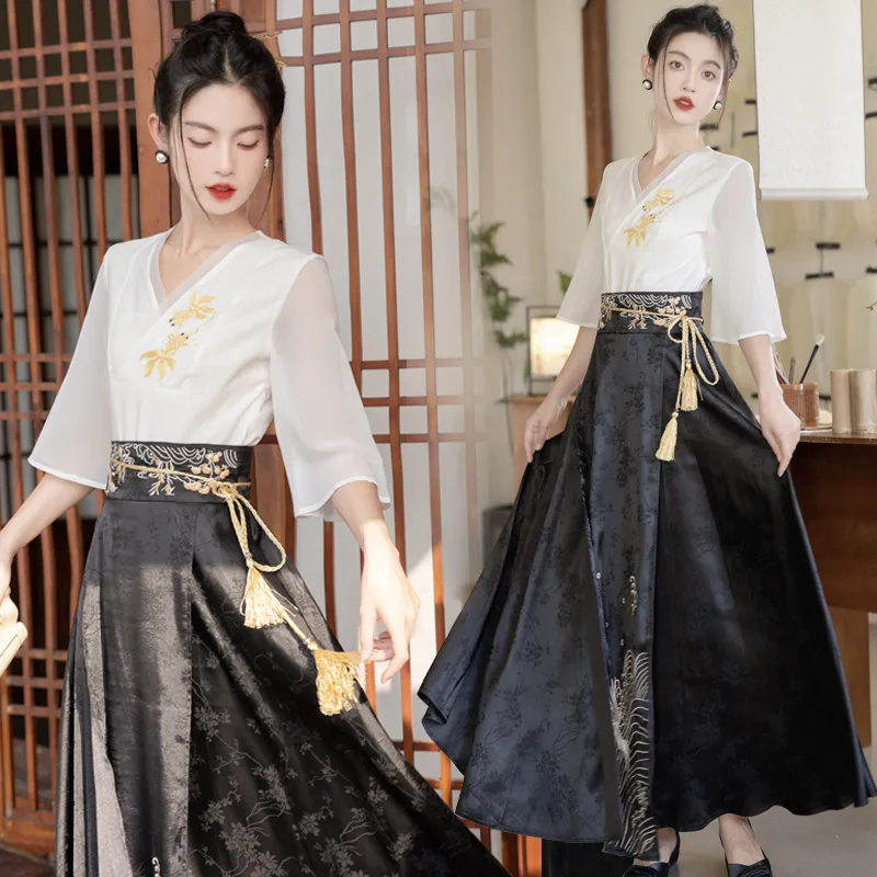 MDEHT Hanfu Women's White Top+Black Skirt Set-1