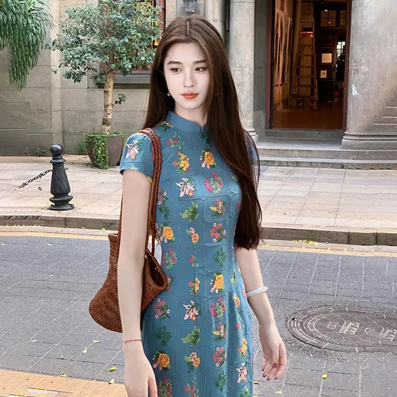 / Short Sleeved Dresses Women's Navy Blue Dress Skirt-6