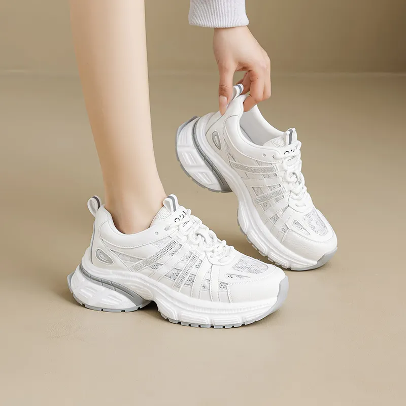 JOSINY Breathable Lightweight Height Increasing Low Top Chunky Sneakers Women's Ecru-3