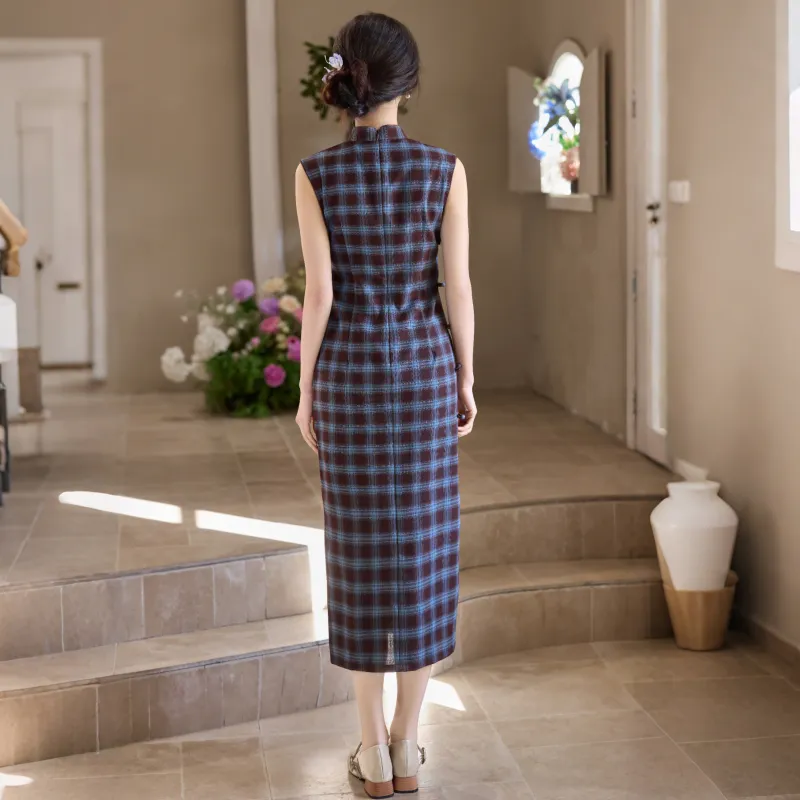 MJ Spring Summer Cheongsam Students Women's Blue Plaid-1
