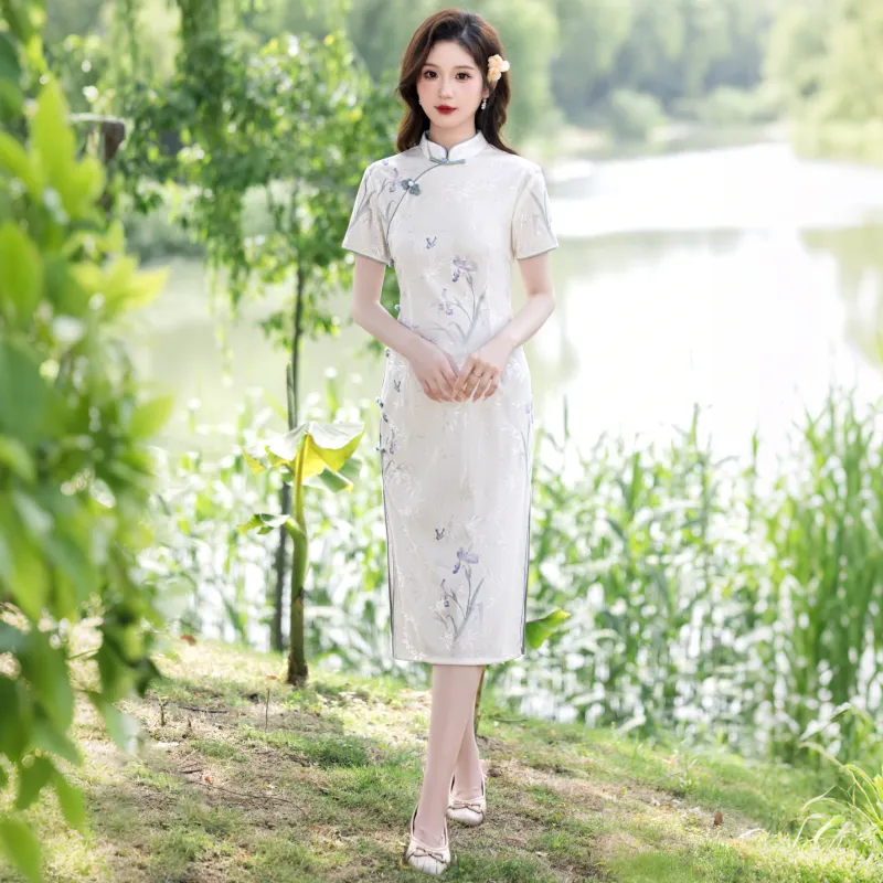 MJ Spring Summer Cheongsam Slim Fit Women's White-2