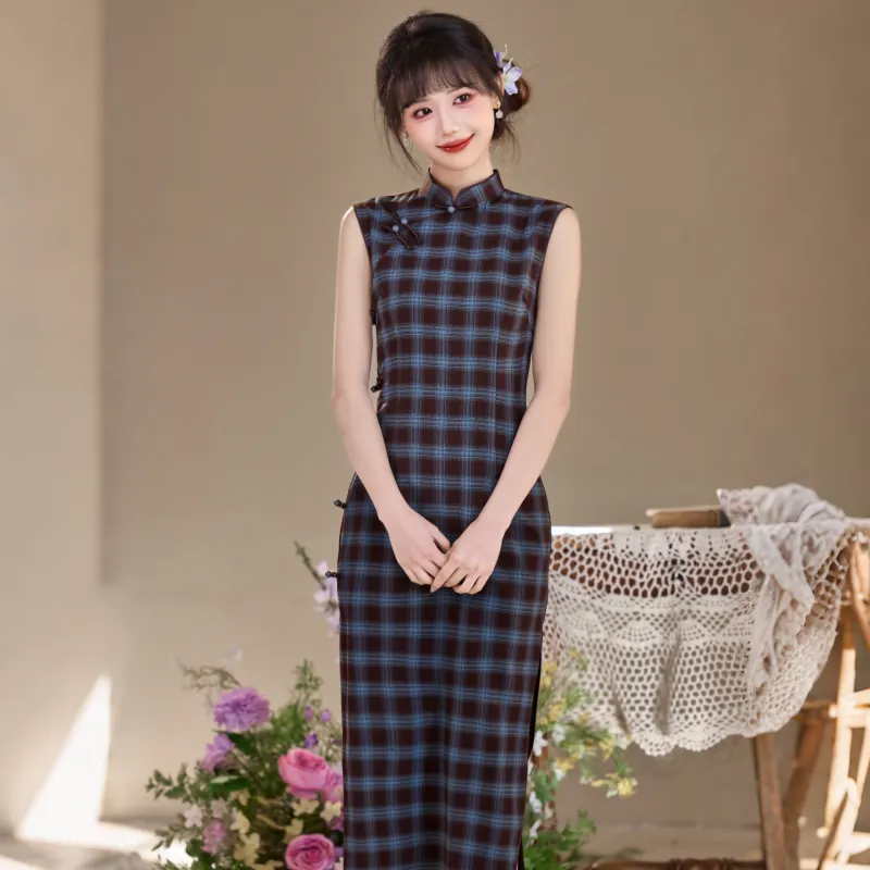 MJ Spring Summer Cheongsam Students Women's Blue Plaid-3