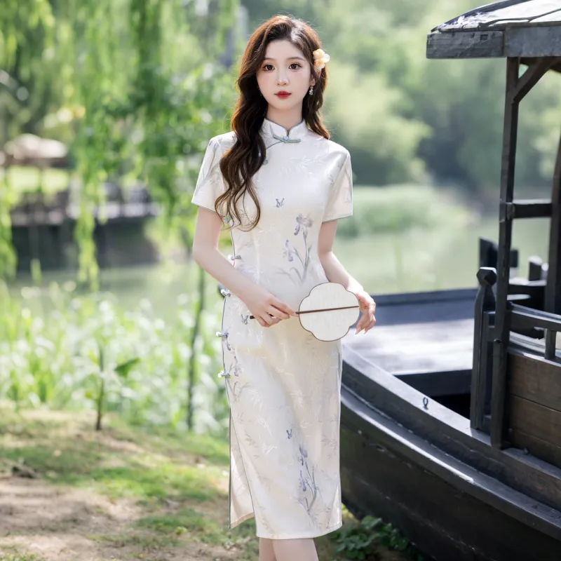 MJ Spring Summer Cheongsam Slim Fit Women's White-3