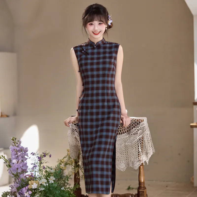 MJ Spring Summer Cheongsam Students Women's Blue Plaid-4